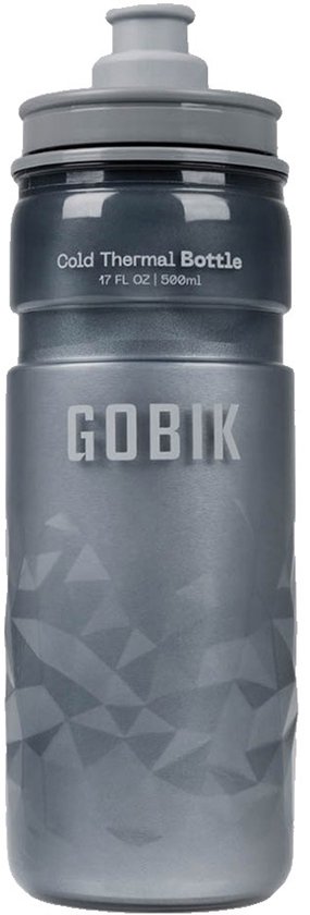 Grijze isolerende drinkfles met geometrisch patroon. Tekst: 'GOBIK'.