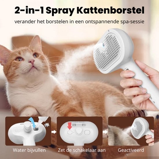 Een kat wordt geborsteld met een spray borstel. Ernaast: water bijvullen, schakelaar aanzetten, geactiveerd.