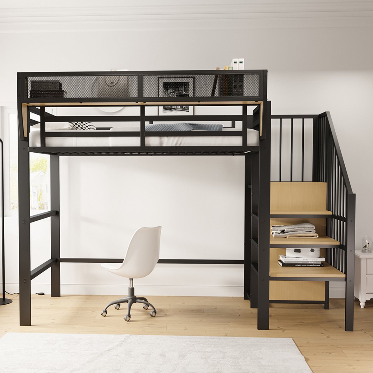 Komhtom Stapelbed 90x200 met veiligheidsladder en flexibel opbergvak, metalen bed voor volwassenen, stapelbed voor kinderen, zwart