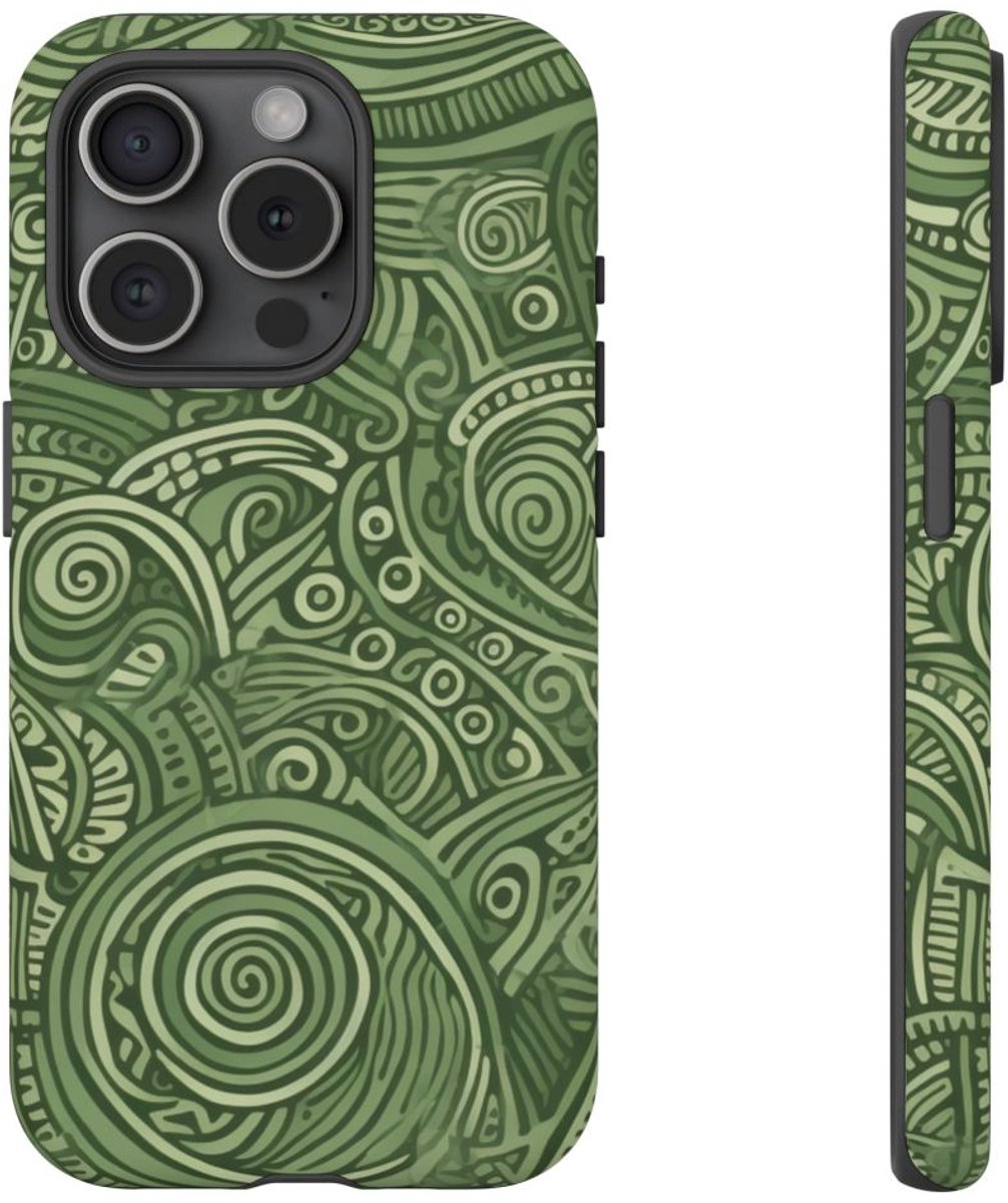 Abstract Groen Tribal Doodle Patroon – Telefoonhoesje Geschikt voor iPhone 15 Pro