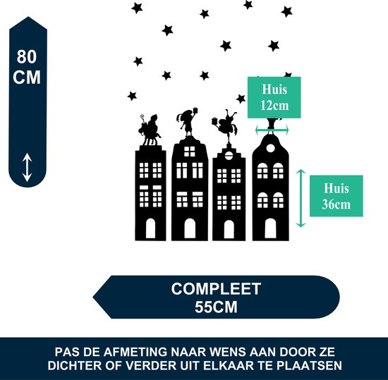 Zwarte silhouetten van grachtenpanden met Pietjes erop en sterren, met afmetingen in cm.