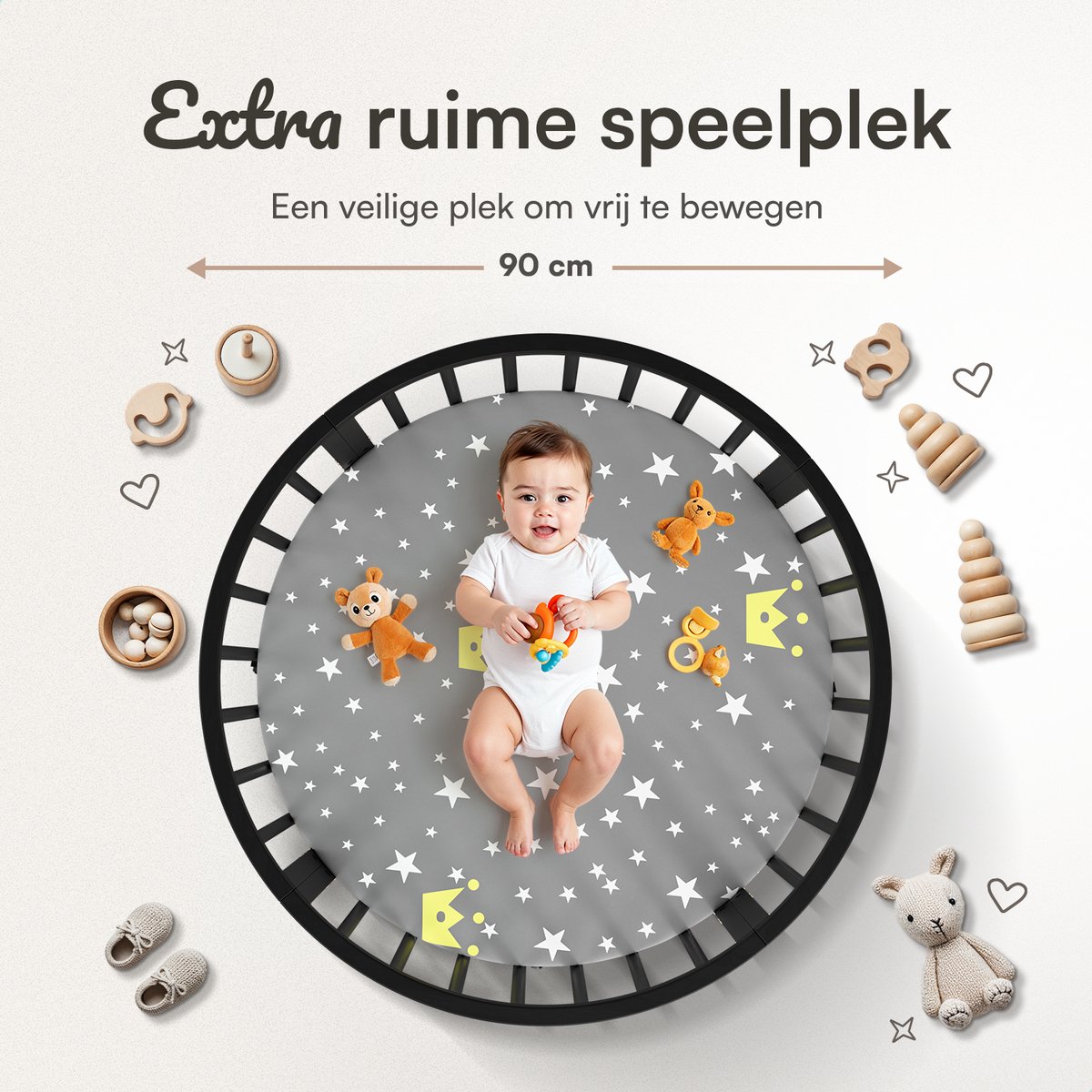 Flowsense Baby Box – Ronde Speelbox - Grondbox - Kinderbox - Playpen – Met Matras – Verstelbare Hoogtes – Wielen - Zwart – foto 2