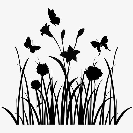 Sticker pour fenêtre silhouette noire avec des fleurs, des brins d'herbe et trois papillons.