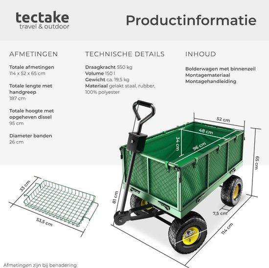 tectake® XXL Bolderkar met Luchtbanden - Tuinkar - Transportwagen - Handkar met 550 kg Capaciteit - Incl. Dekzeil, Afneembaar Handvat en Scharnierende Zijpanelen van TecTake — afbeelding 4