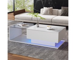 YEHTOKHOME Hoogglans Salontafel - Koffietafel met Lade en LED-Verlichting - Glazen tafelblad - 100x50x32 cm - Wit