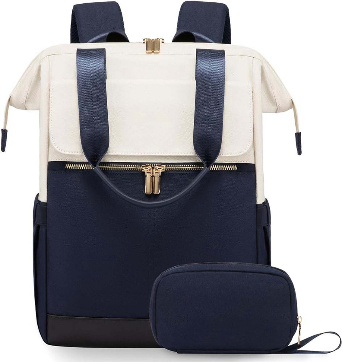 15 inch laptoprugzak met laptopvak, waterdichte damesrugzak, grote handzame reisrugzak, moderne schooltas voor op reis, vakantie, kantoor - wit met blauw