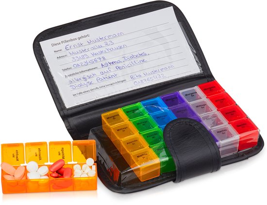 relaxdays 8 x boîte à pilules 7 jours - boîte à médicaments - 4 demi-journées - pour la route - en étui