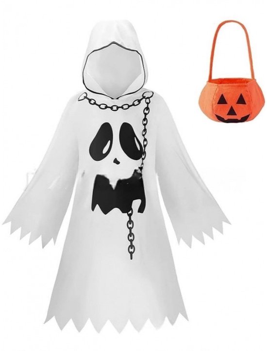 Halloween-cape Voor Kinderen - Witte Spookcape & Pompoen-trick-or-treat-tas - Unisex Griezelig Kostuum, Geschikt Voor Jongens En Meisjes - Halloween-thema Feest, Rollenspel, Festivaldecoratie(110cm）