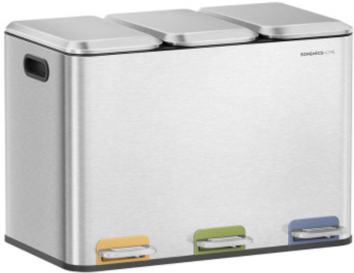 SONGMICS Keukenafvalemmer, afvalscheidingssysteem, 3 x 15L, pedaalemmer met 3 compartimenten, afvalemmer, softclose, met voetpedalen, kunststof binnenemmers en handgrepen, ZILVER