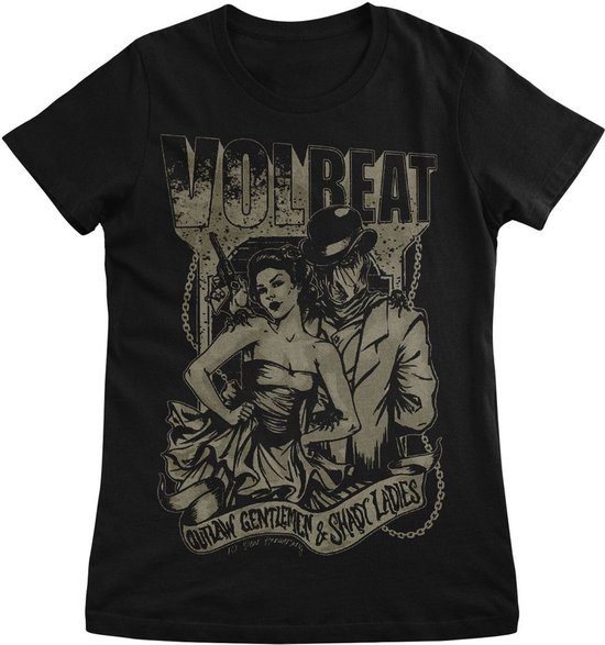Zwart Volbeat T-shirt met print van een man en vrouw in vintage stijl, met kettingen en pistool.