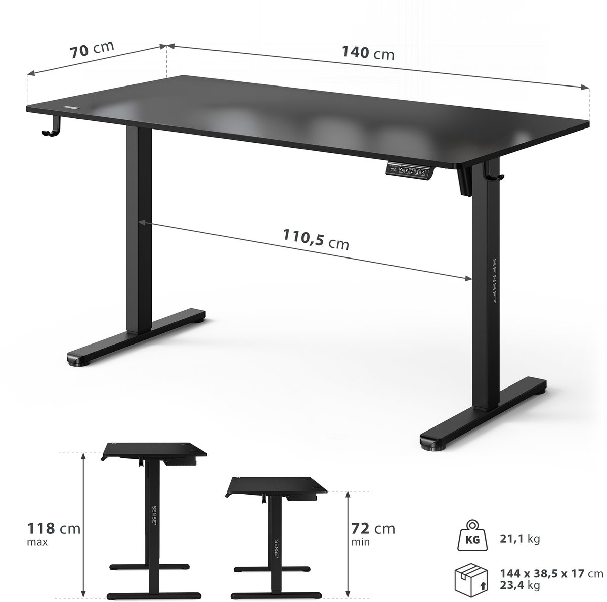 SENSE7 NOJO LIGHT - Zit Sta Bureau - 140 cm x 70 cm - Elektrisch bureau - Verstelbare bureau - Elektrische Hoogteverstelling - Hoogte 72-118 cm - Intelligent Bedieningspaneel - Zwart thumbnail 2