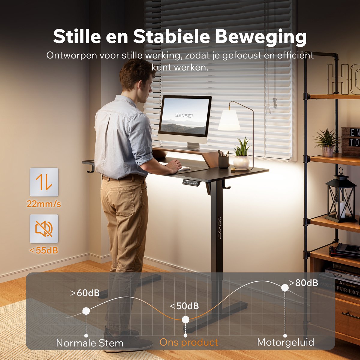 SENSE7 NOJO LIGHT - Zit Sta Bureau - 120 cm x 60 cm - Elektrisch bureau - Verstelbare bureau - Elektrische Hoogteverstelling - Hoogte 72-118 cm - Intelligent Bedieningspaneel - Zwart thumbnail 3