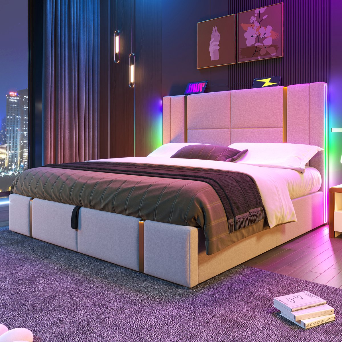 VVBV Tweepersoonsbed 140x200 cm met led-verlichting en lattenbodem, Linnen bed, Bed met opbergruimte en hoofdbord - Beige(Matras niet inbegrepen)