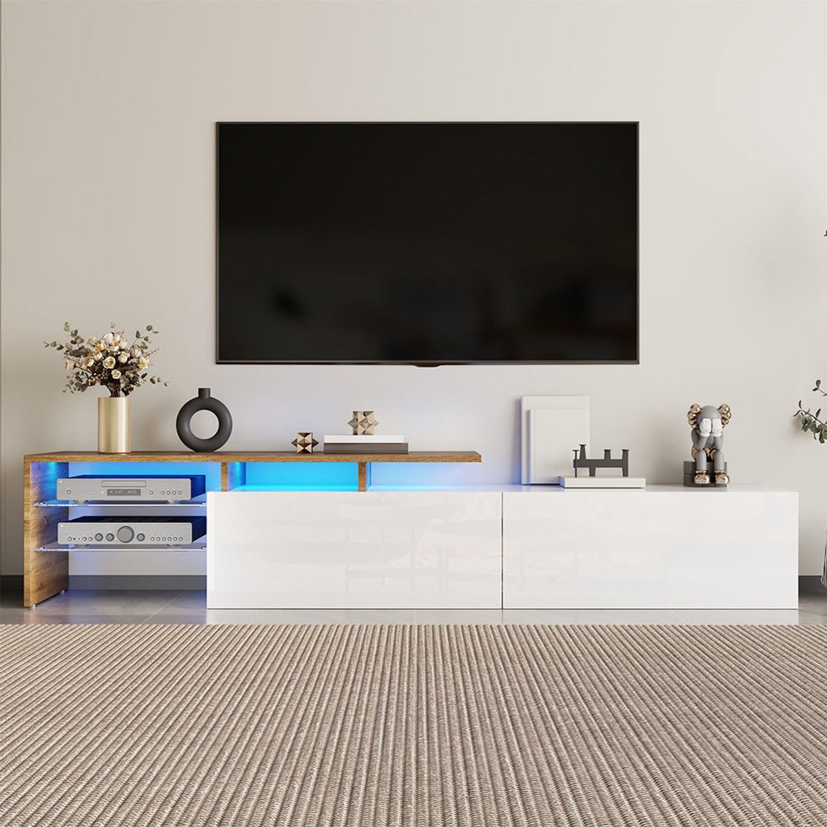 YEHTOKHOME Modern TV-meubel - hoogglans wit - houtlook - 2 lades - glazen planken - LED-verlichting - TV-kast - 170 L x 33 B x 33,5 H cm