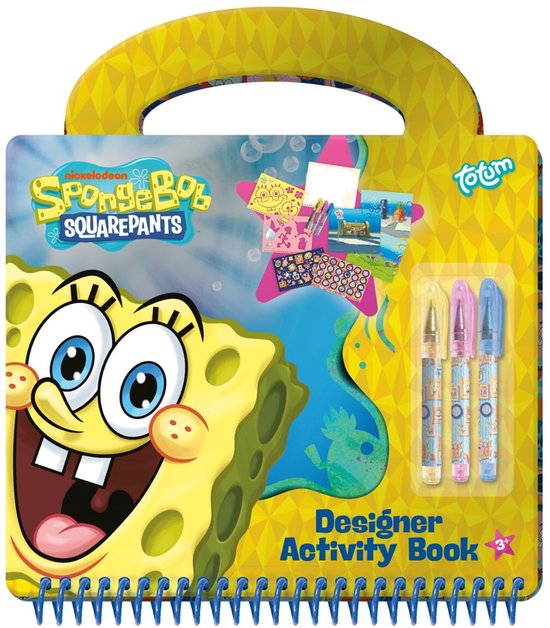Spongebob Squarepants designer activity book met Spongebob, stiften en kleine vensters met voorbeelden.