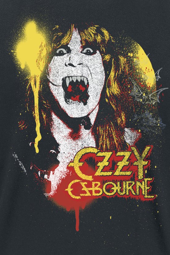 Zwart T-shirt met "Ozzy Osbourne" logo en een afbeelding van Ozzy Osbourne met vampier-achtige tanden en vleermuizen.