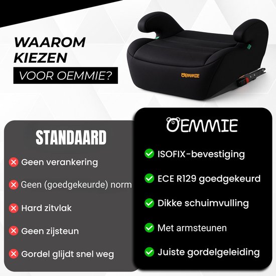 Oemmie Zitverhoger - Autozitje - Kinderzitje - Autostoelverhoger - Booster Seat - 125-150 cm - Met Armleuning - Zacht Schuim - Zwart van Merkloos — afbeelding 4