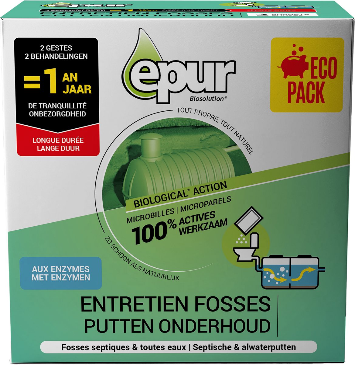 Epur Biosolution Septische Putten Onderhoud 1 Jaar — Microbilles Technologie — 2 Zakjes × 200g — Beerput, Vetbak & Zinkput