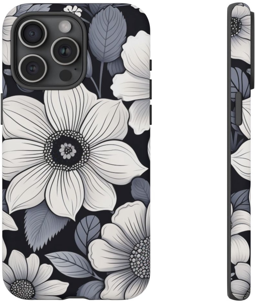 Zwart-Wit Bloemenpatroon – Telefoonhoesje Geschikt voor iPhone 15 Pro Max