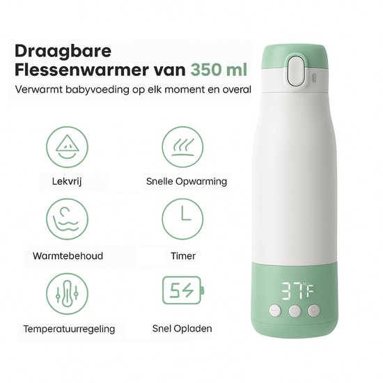 Draagbare Flessenwarmer - USB Oplaadbaar & Snel Opwarmen - Ideaal voor Onderweg & Reizen - Groen van Merkloos — afbeelding 4