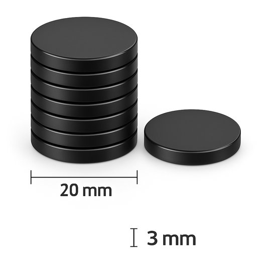 Stapel van 9 zwarte magneten met daarnast één losse magneet. Afmetingen 20 mm en 3 mm.