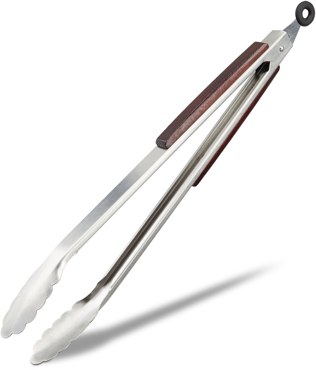 9x keukentang rvs - bbq tang - houten handvat - serveertang - grilltang - 38 cm