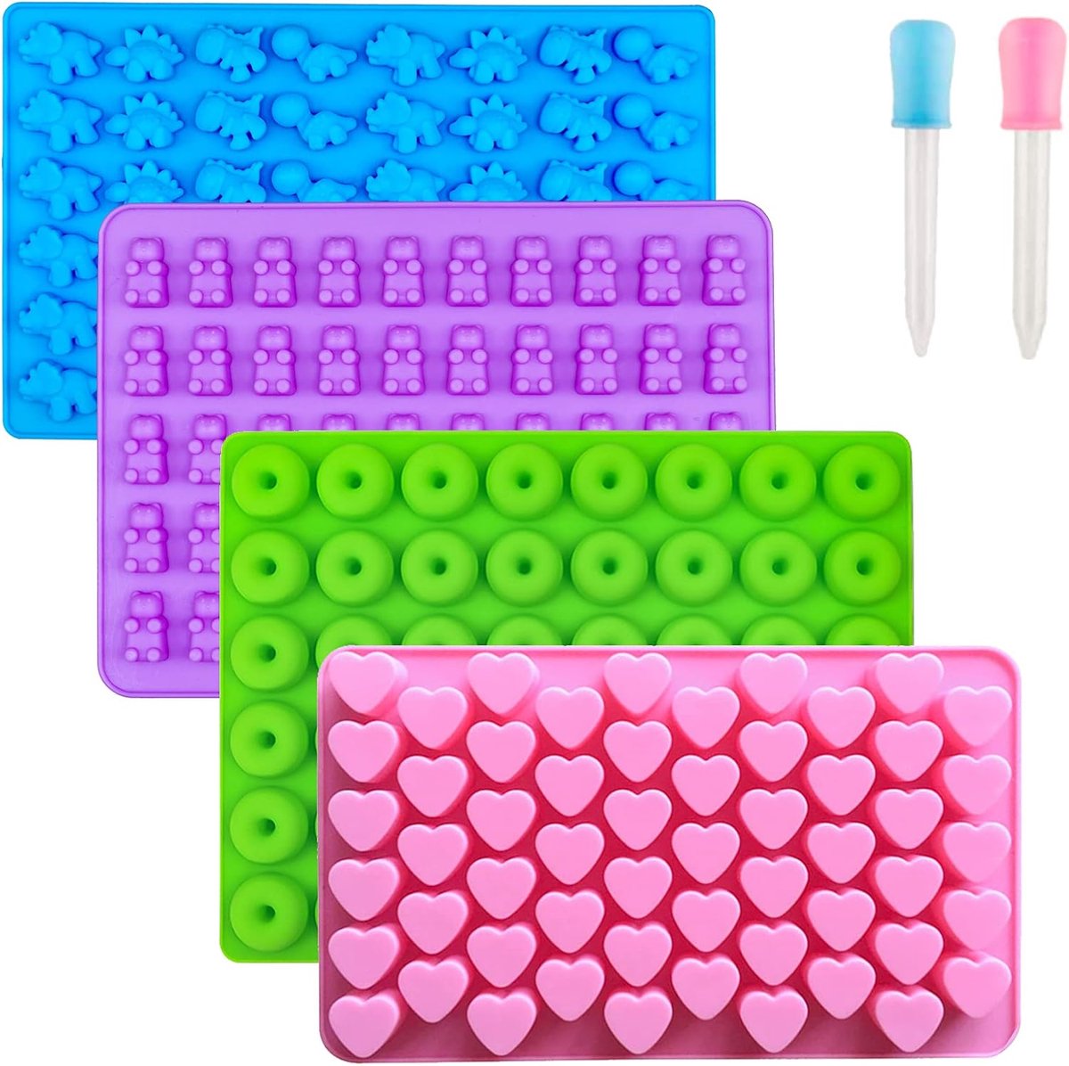 Daity 4-Pack - Gummy siliconen snoepvormen - Gumballvormen met 2 druppelaars - Anti-aanbak siliconen snoepvormen - Inclusief mini-dinosaurus, beer, hart en mini-donuts