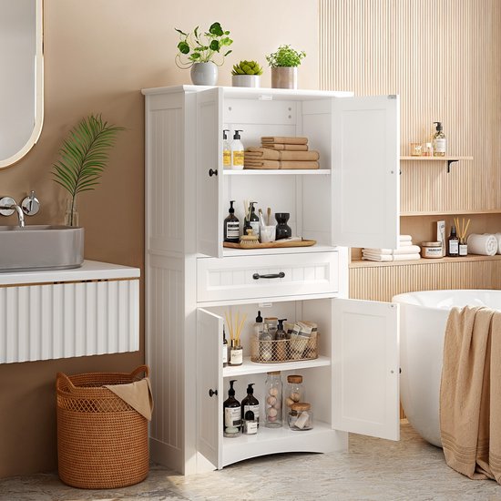 Xbro Badkamerkast met 4 Deuren en 1 Lade – Hoge Opbergkast met Verstelbare Planken – Brede Kast voor Badkamer, Keuken of Slaapkamer – Voor Badkamer – 130 x 70 x 30 cm – Wit
