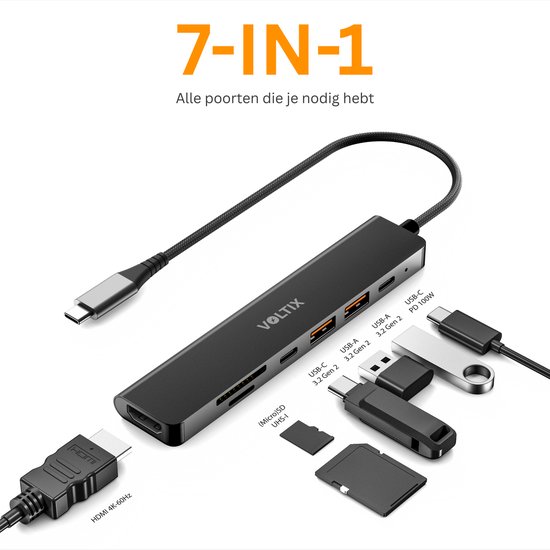 Voltix Pro USB Hub - USB C Hub - HDMI 4K@60Hz - SD kaartlezer