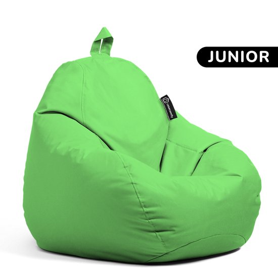 Lichtgroene Junior zitzak met Casacomfy logo en 'Junior' label.