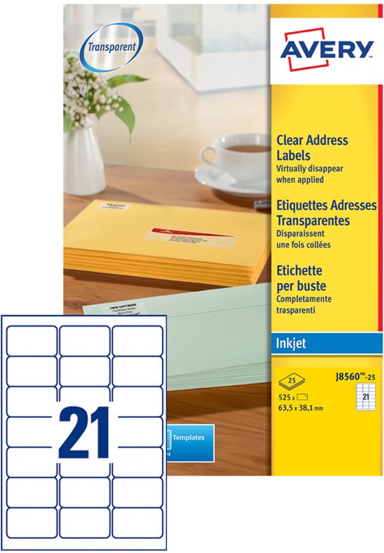 Étiquettes adresses Avery J8560-25 transparentes, 525 unités