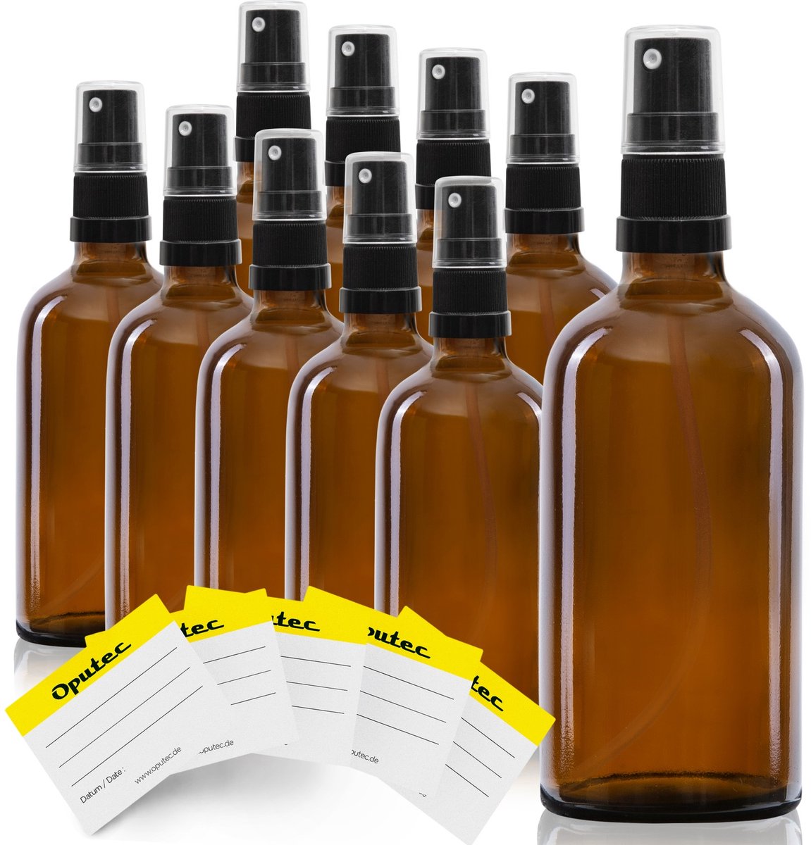 Oputec 10 x 100 ml sprayflessen – bruin glas met fijne verstuiver & etiketten – lekvrij & navulbaar