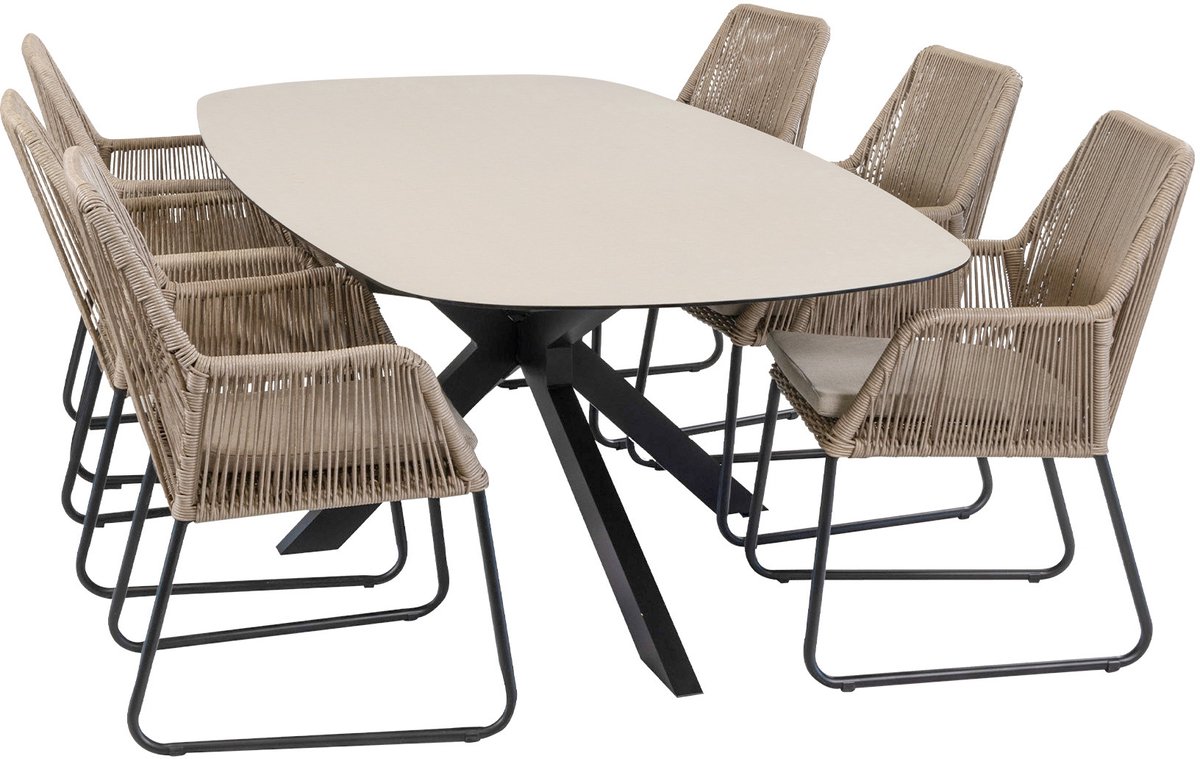 7-delige tuinset | 6 Mona tuinstoelen (Sand) | Tuintafel Malaga 240x115cm (Black)