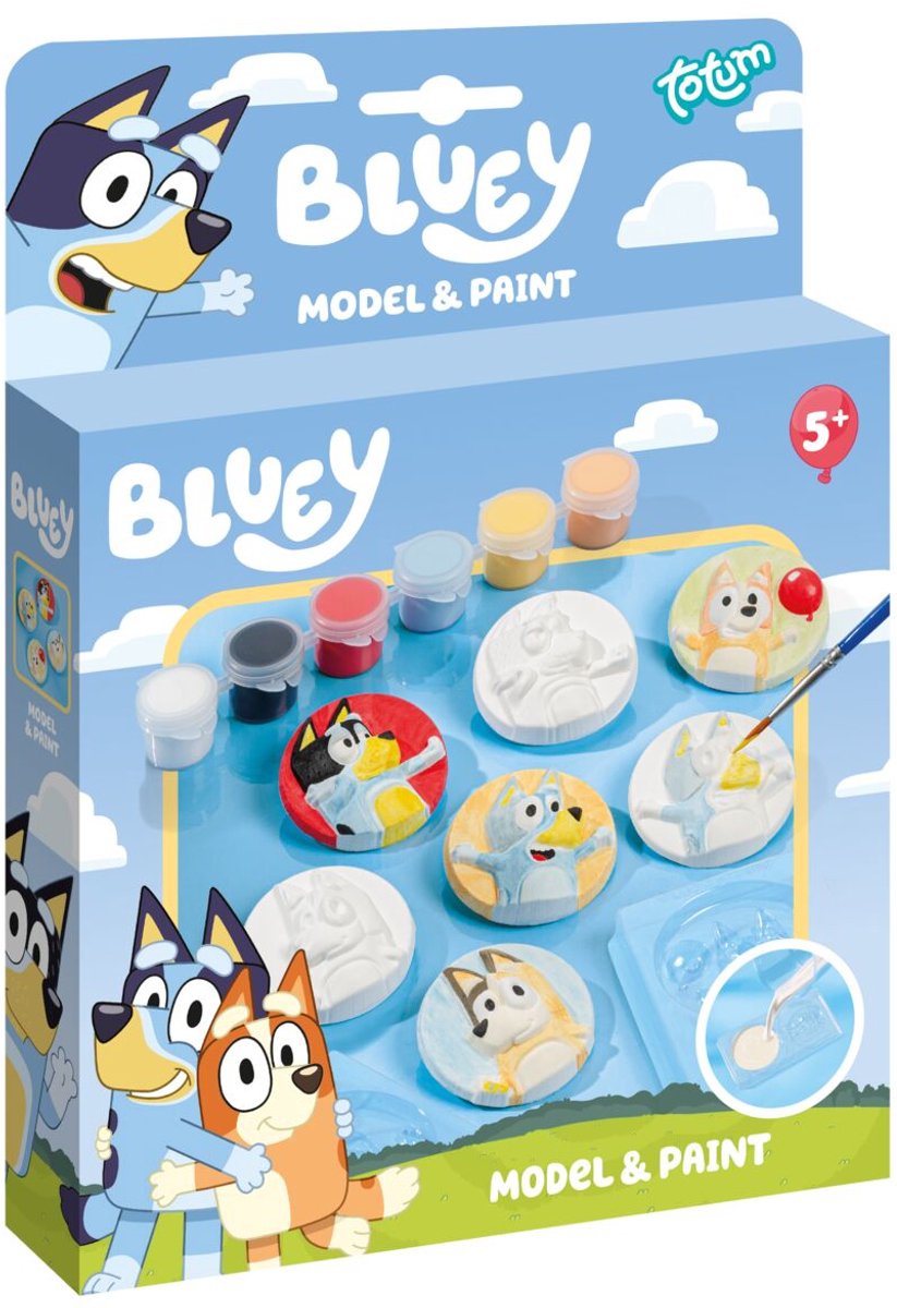 Totum Bluey knutselset gips figuren gieten en beschilderen incl. verfstrip 6 kleuren - knutselen creatief speelgoed junior - model & paint cadeautip