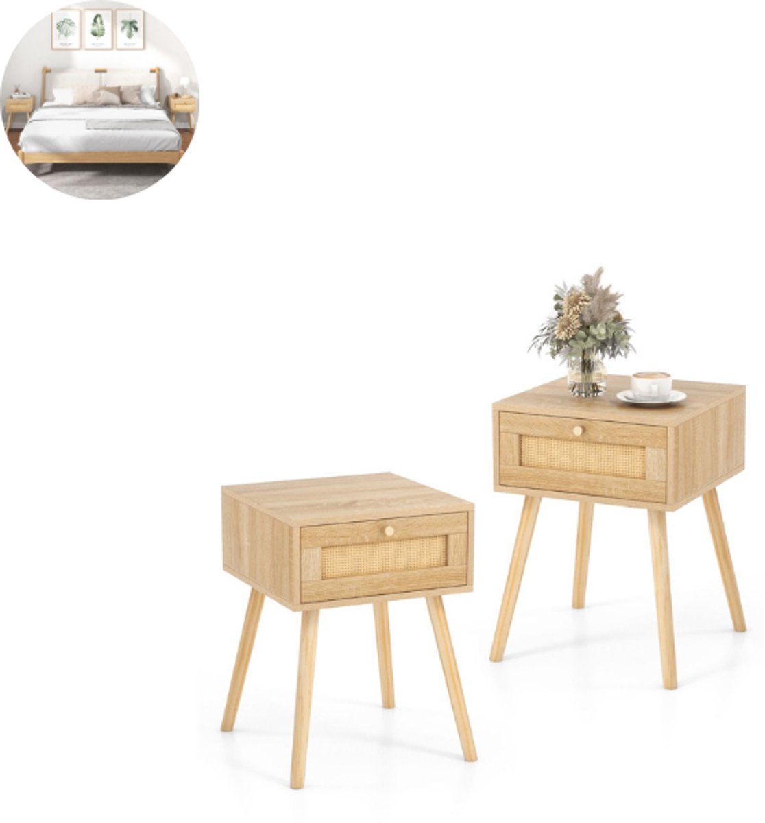 Nachtkastjes - Set van 2 - Natuurlijk - Hout - Met Lade - 40 x 40 x 55 cm (L x B x H)