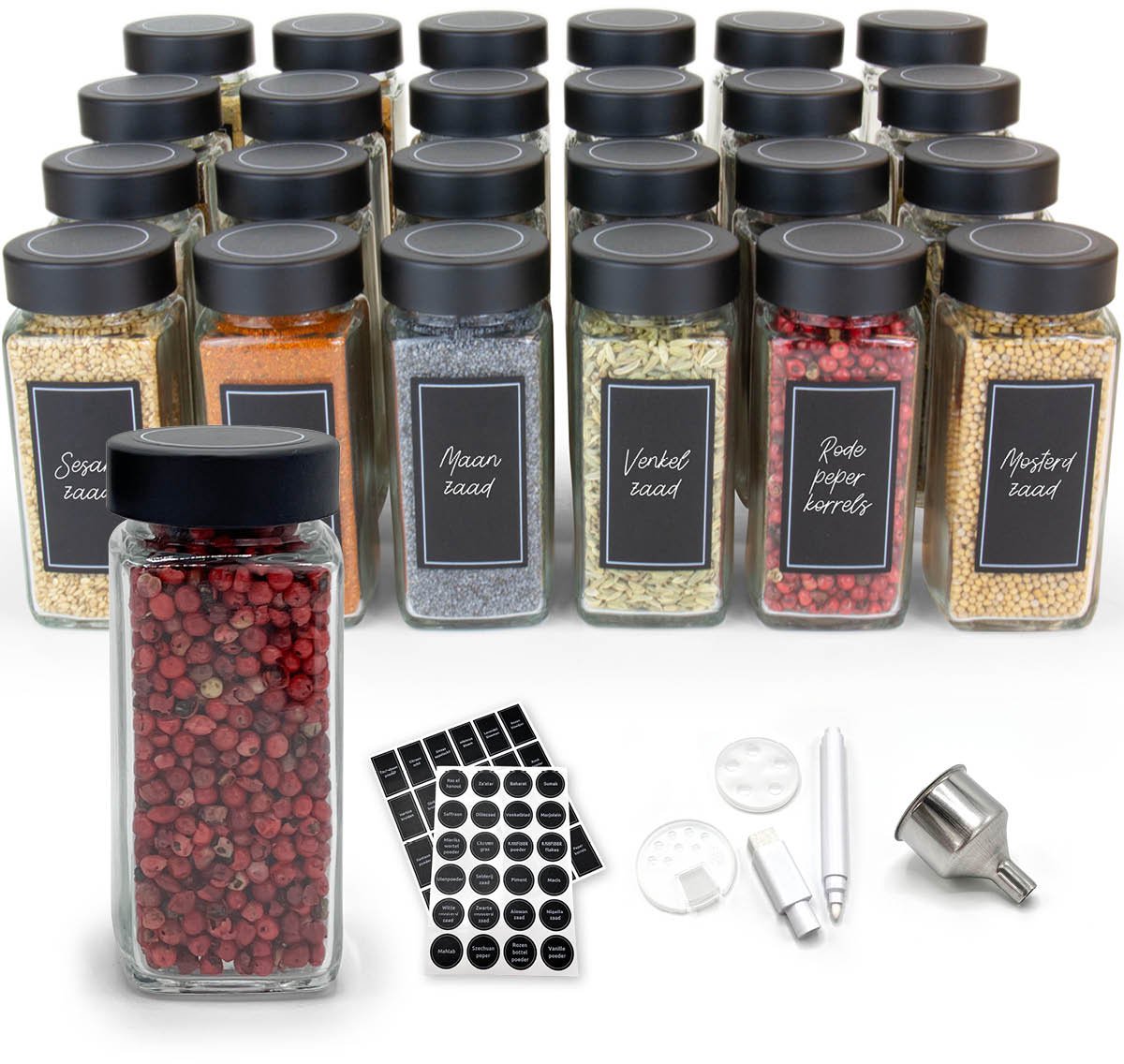 George Napoli 24 Kruidenpotjes - Glas - Spice jar - Vierkant - Metalen Deksel - 48 Strooideksels & 240 stickers