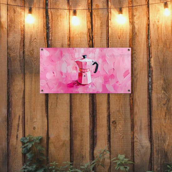Tuinposter 80x40 cm - Tuindecoratie Roze - Verf - Coffee - Poster voor in de tuin - Buiten decoratie - Schutting tuinschilderij - Tuindoek muurdecoratie - Wanddecoratie balkondoek