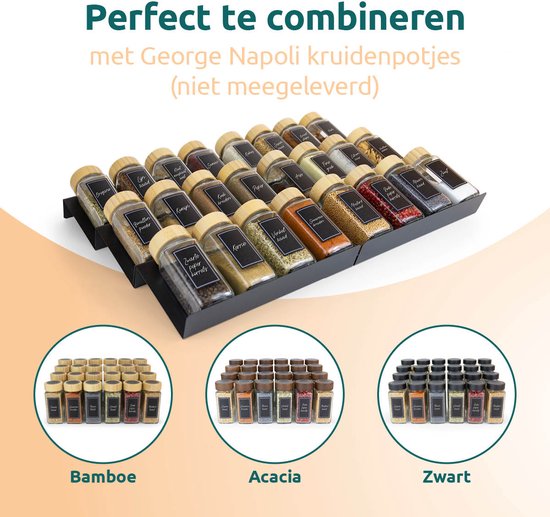 Drie verschillende sets kruidenpotjes met houten deksels, gelabeld Bamboe, Acacië en Zwart.