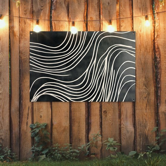 Tuinposter 120x80 cm - Tuindecoratie Lijnen - Patroon - Abstract - Wit - Poster voor in de tuin - Buiten decoratie - Schutting tuinschilderij - Tuindoek muurdecoratie - Wanddecoratie balkondoek