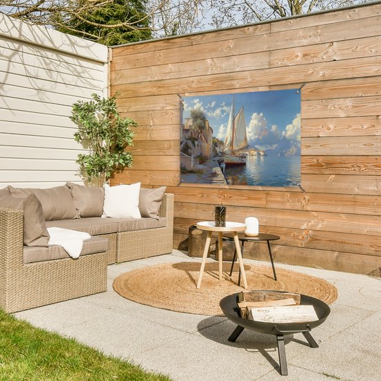 Tuinposter 90x60 cm - Tuindecoratie Zeilschip - Huizen - Kade - Zee - Poster voor in de tuin - Buiten decoratie - Schutting tuinschilderij - Tuindoek muurdecoratie - Wanddecoratie balkondoek