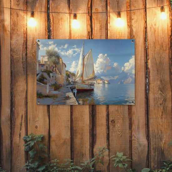 Tuinposter 90x60 cm - Tuindecoratie Zeilschip - Huizen - Kade - Zee - Poster voor in de tuin - Buiten decoratie - Schutting tuinschilderij - Tuindoek muurdecoratie - Wanddecoratie balkondoek