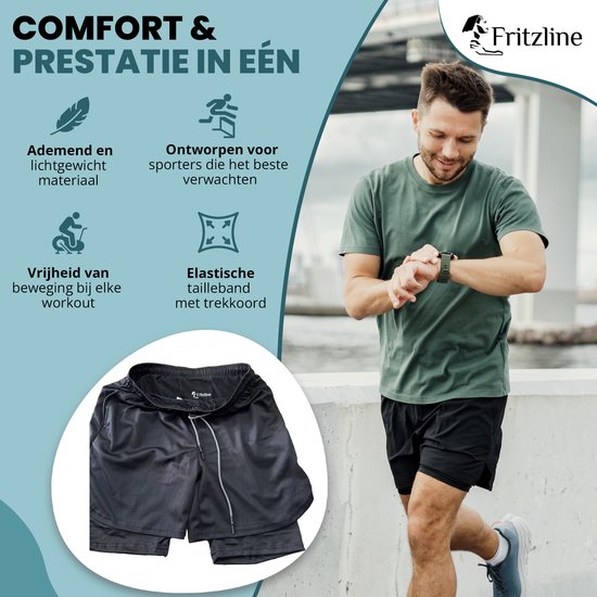Fritzline® Pantalon de sport 2 en 1 noir taille XL avec poche téléphone - Short de sport confortable - Pantalon de sport homme - Pantalon fitness - Short - Vêtements de sport - Shorts 2 en 1 - Poches téléphone