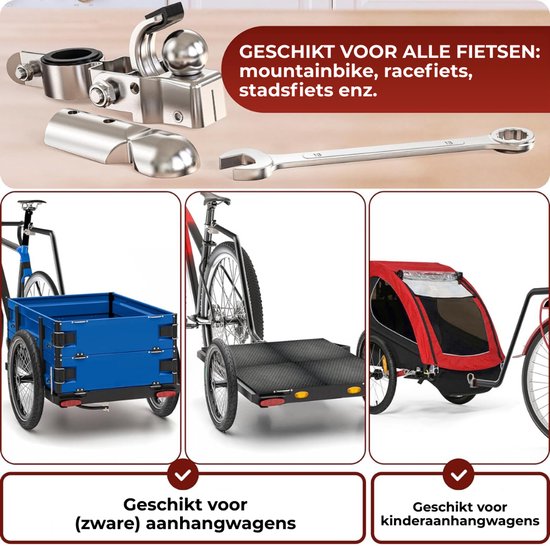 Montageonderdelen voor fietskarren: een blauwe aanhangwagen, een zwarte aanhangwagen en een rode kinderanhanger.