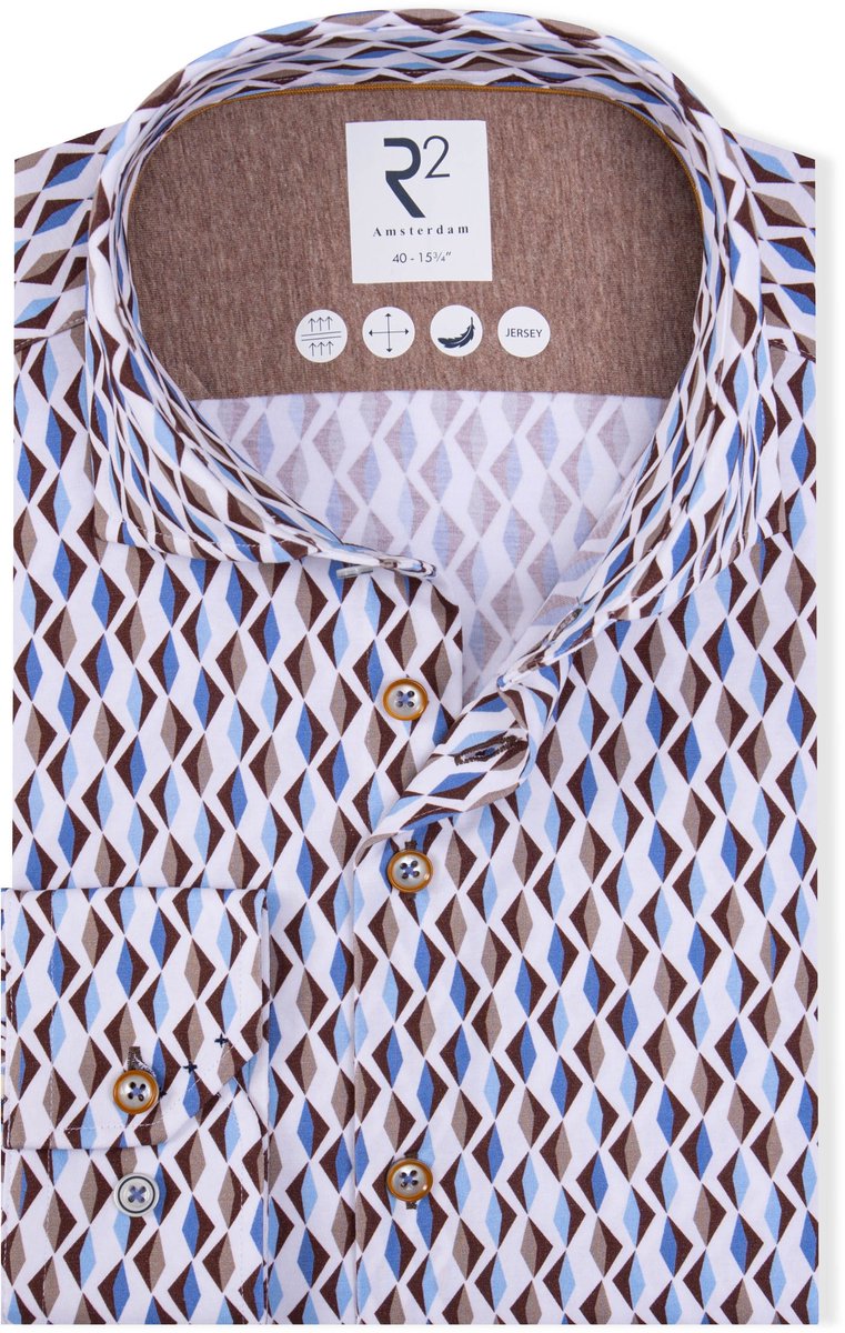 R2 Overhemd Jersey Retro Print Beige Blue - Maat 42 - Heren - Overhemden Formeel