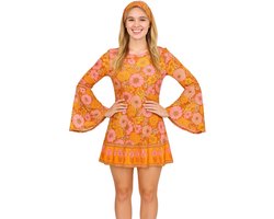 Joya Party® Hippie Verkleedjurk Dames Oranje Roze | Jaren 60/70 Flower Power Kostuum | Inclusief Haarband | Verkleedkleding Bloemen Volwassenen | Stretch Stof | Carnaval / Themafeest | Maat S