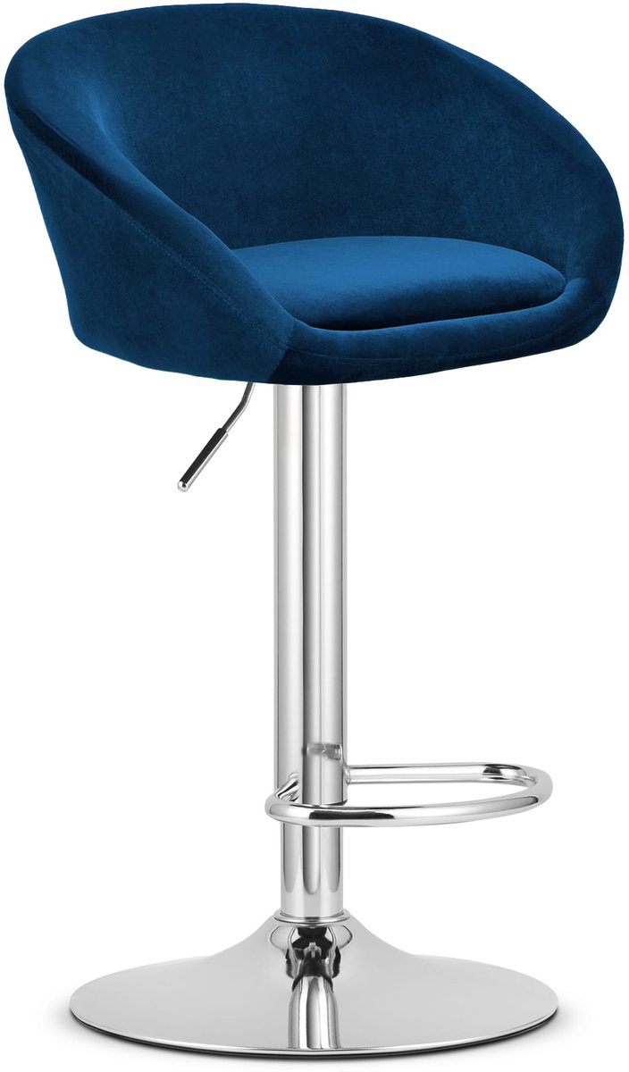 Barkruk EAST – Velvet Donkerblauw - Chromen Basis - Rugleuning, Verstelbare Hoogte, 360° Draaibaar, Comfortabele Voetsteun, Modern Design, Max. 110 kg