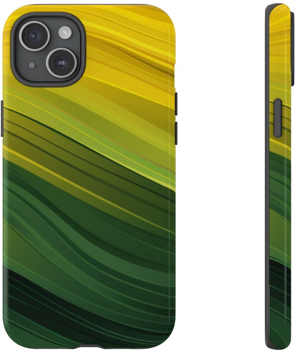 Groen-Geel Golvenpatroon – Telefoonhoesje Geschikt voor iPhone 15 Plus