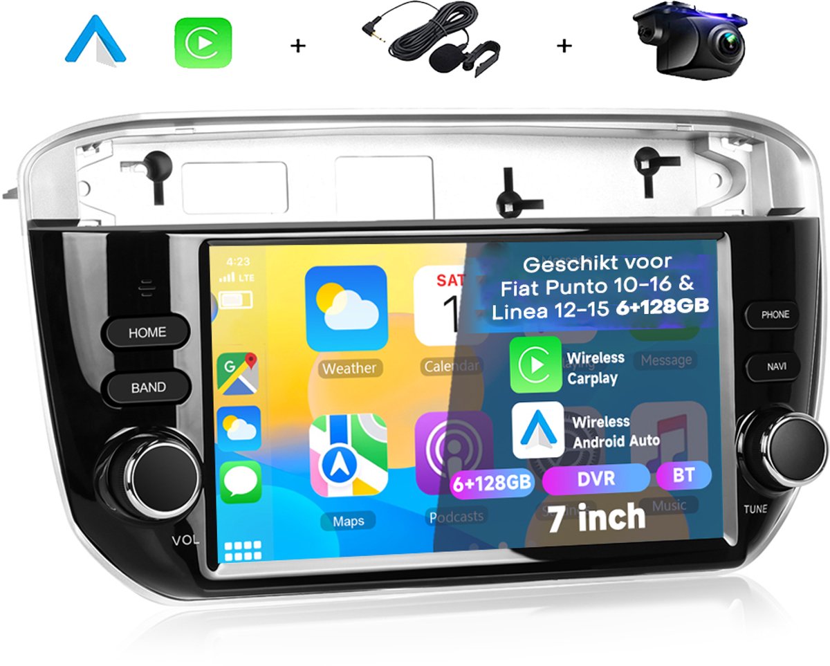 Boscer Autoradio Geschikt voor Fiat Punto 2012-2016 & Fiat Linea 2012-2015 - 6+128GB - Android 15 - Apple Carplay & Android Auto - 7 Inch HD IPS Touchscreen - GPS Navigatiesysteem - Bluetooth, USB, WiFi & MP5 - Achteruitrijcamera & Microfoon