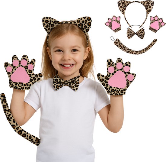 Joya Kids® Panter Verkleed Accessoires | Verkleedset Luipaard | Meisjes en Jongens en Volwassenen Verkleedpak Kat | Carnaval en Halloween Outfit kinderen en volwassen | Haarband met Oren, Staart, Pootjes en Strik | Tijger