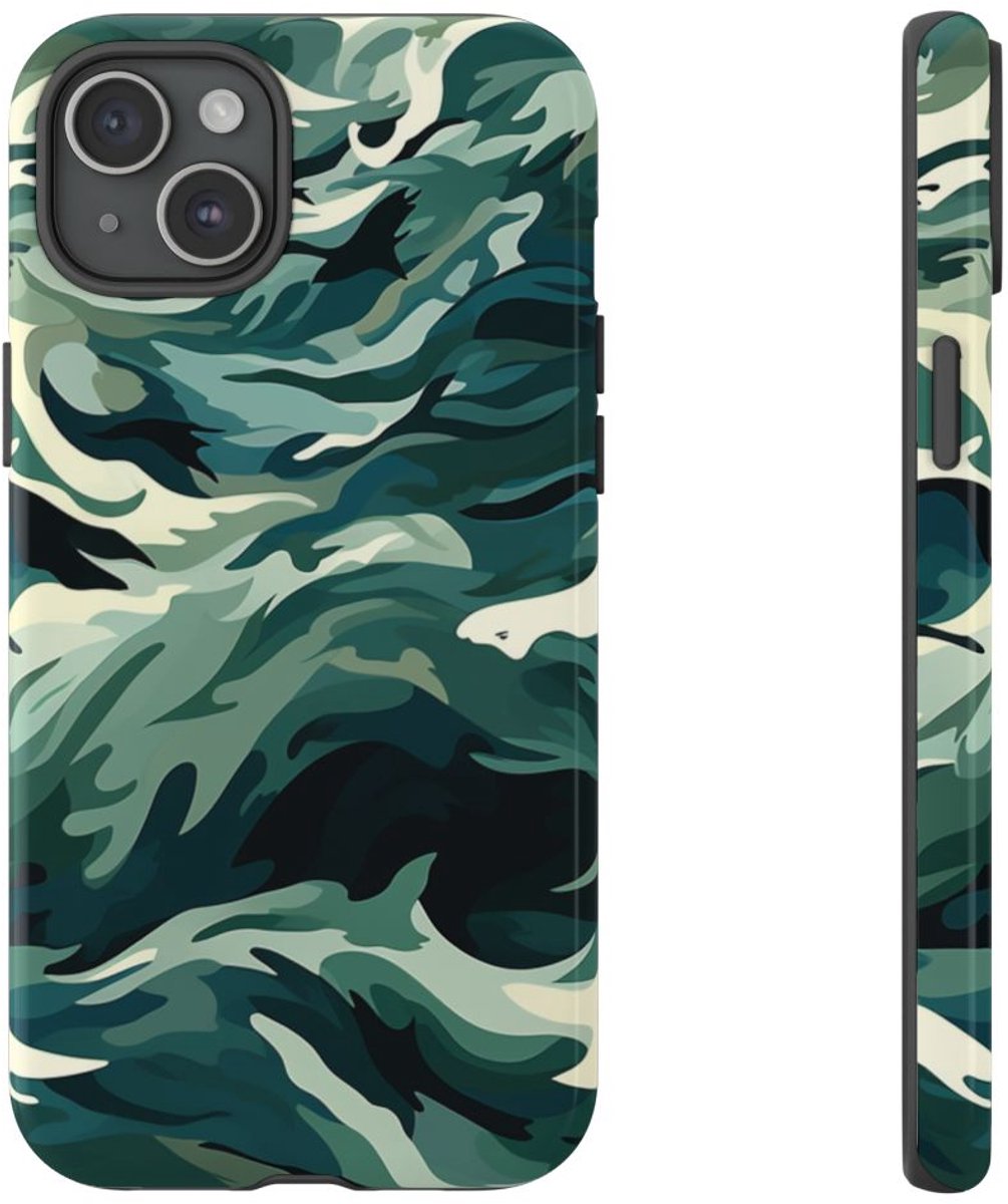Abstracte Oceaangolven met Haaienpatroon – Telefoonhoesje Geschikt voor iPhone 15 Plus